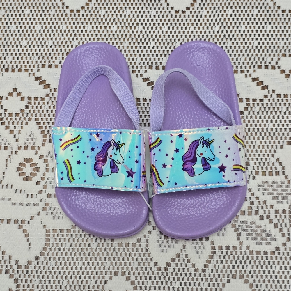 NWT Toddler Girls 7 8 Slide Purple Holographic Unicorn Slingback Sandals Shoes
